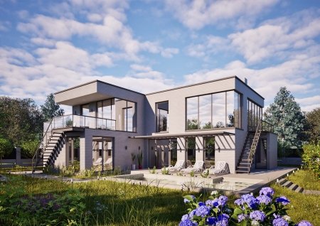 Проект дома №52/1  S=272 м² – двухуровневый дом с террасой на крыше, цоколем и бассейном