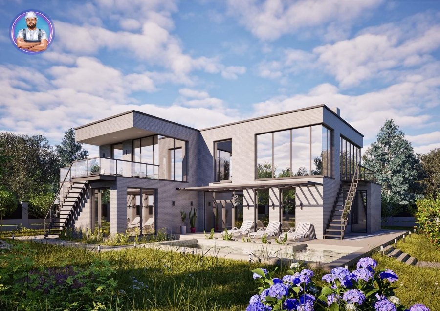 Проект дома №52/1  S=272 м² – двухуровневый дом с террасой на крыше, цоколем и бассейном